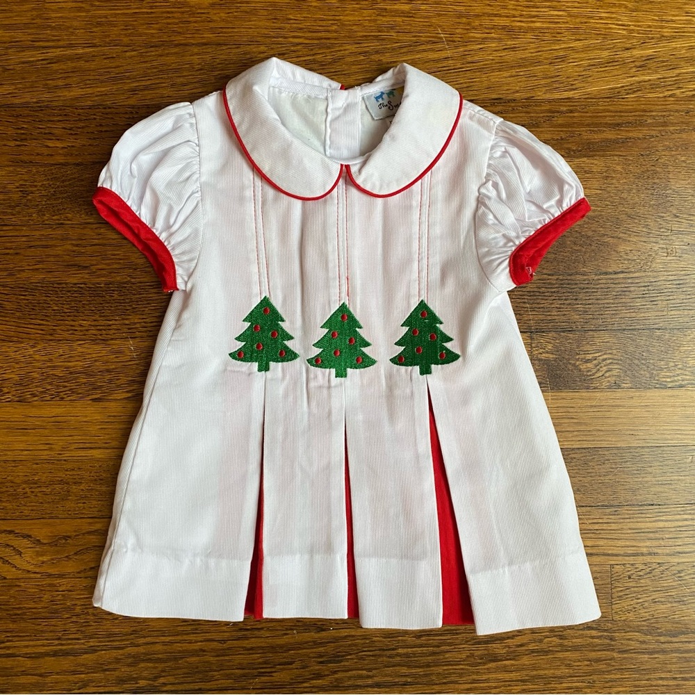 🎄 The Smocked Kids 3 Months Christmas Tree White and Red Pleated Holiday Dress